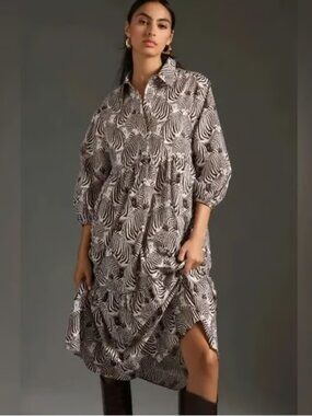 Maeve Anthropologie Bettina Tiered Shirt Dress XS Zebra Cotton Novelty Brown